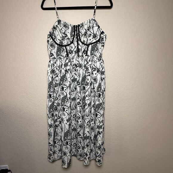 Women's Black and White Floral Structured Corset Cami Romantic Midi Dress - Picture 1 of 6